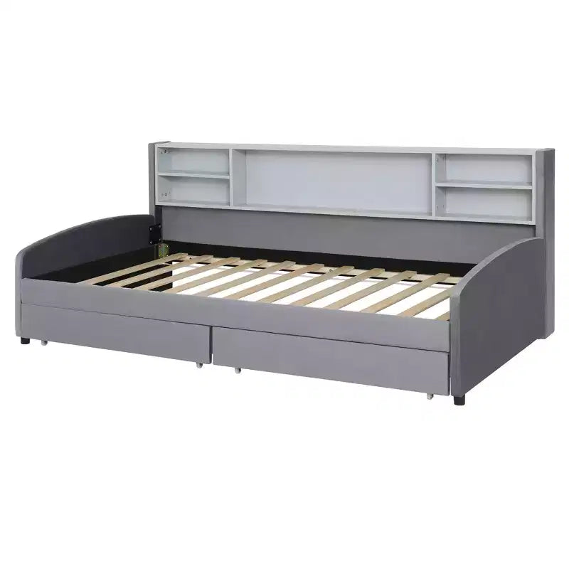 Cadre de lit de repos double avec 2 tiroirs de rangement et rangement latéral, lit double en velours pour enfants et tout-petits