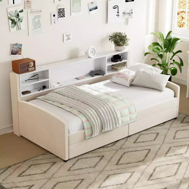 Cadre de lit de repos double avec 2 tiroirs de rangement et rangement latéral, lit double en velours pour enfants et tout-petits