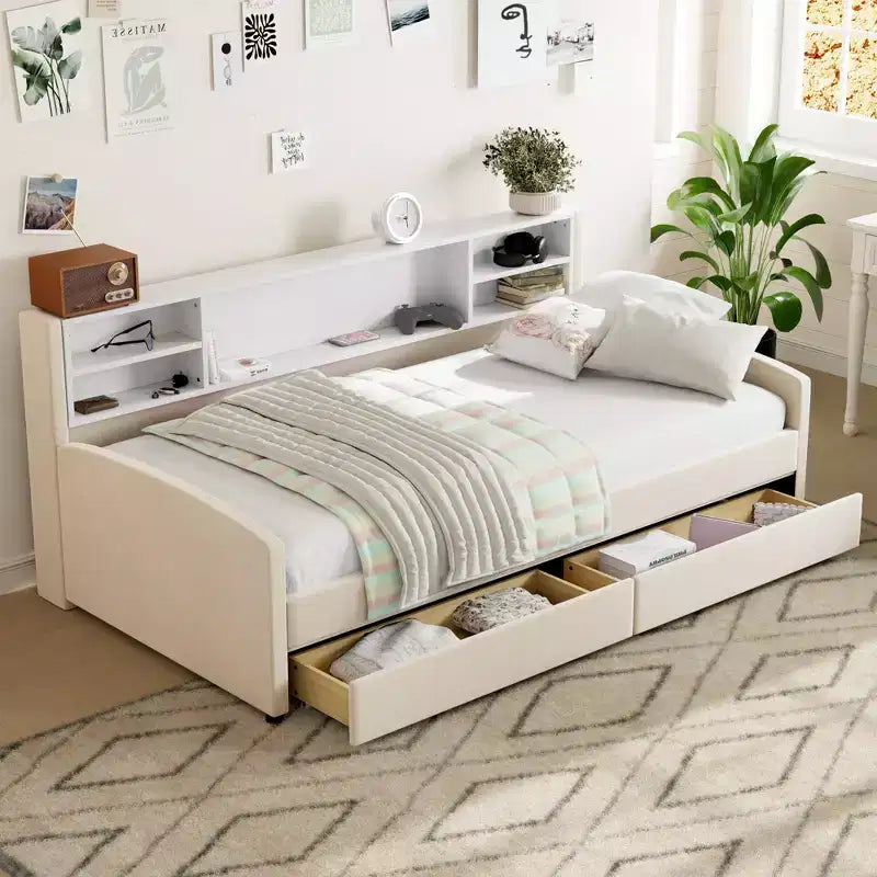 Cadre de lit de repos double avec 2 tiroirs de rangement et rangement latéral, lit double en velours pour enfants et tout-petits