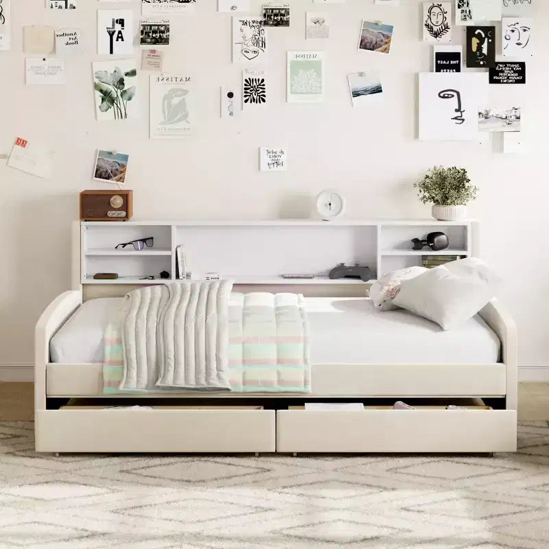 Cadre de lit de repos double avec 2 tiroirs de rangement et rangement latéral, lit double en velours pour enfants et tout-petits