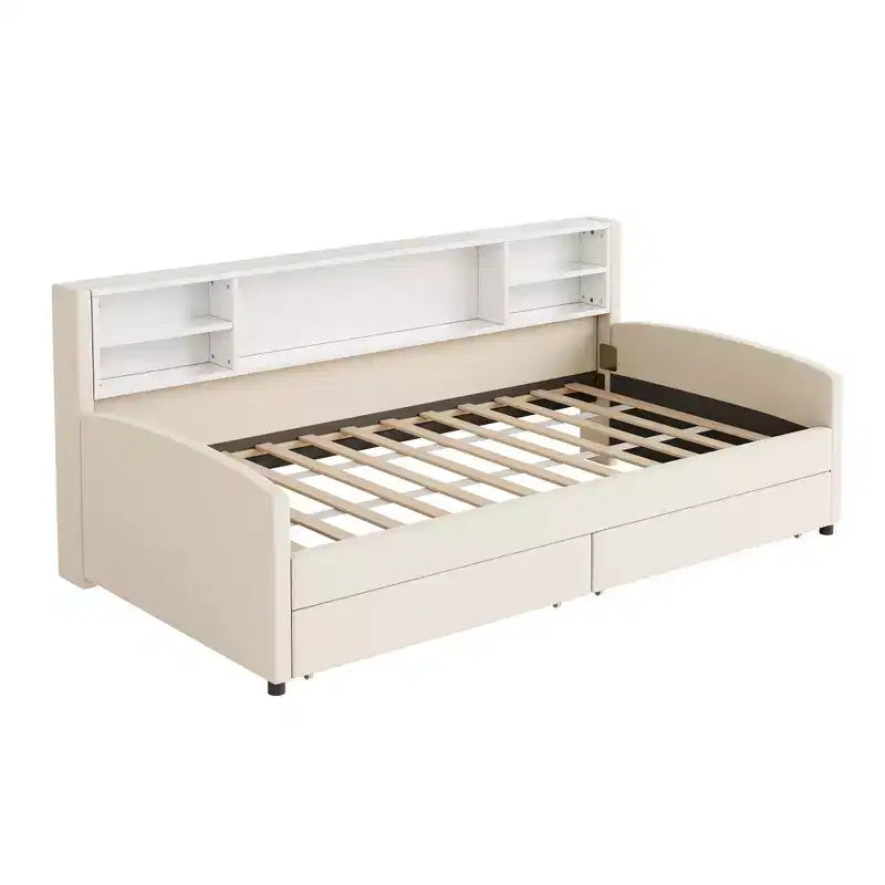 Cadre de lit de repos double avec 2 tiroirs de rangement et rangement latéral, lit double en velours pour enfants et tout-petits