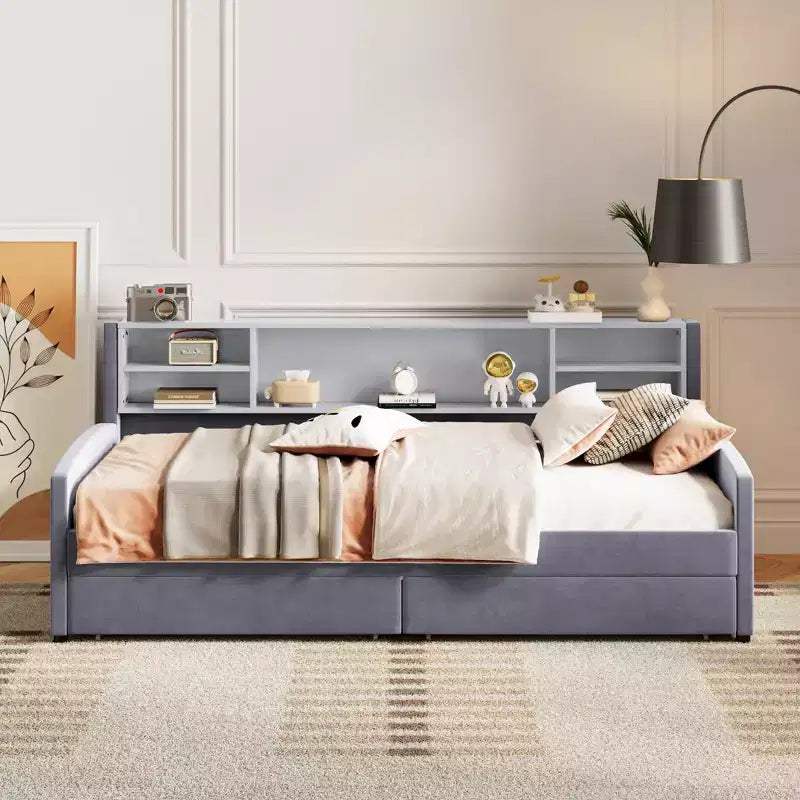 Cadre de lit de repos double avec 2 tiroirs de rangement et rangement latéral, lit double en velours pour enfants et tout-petits