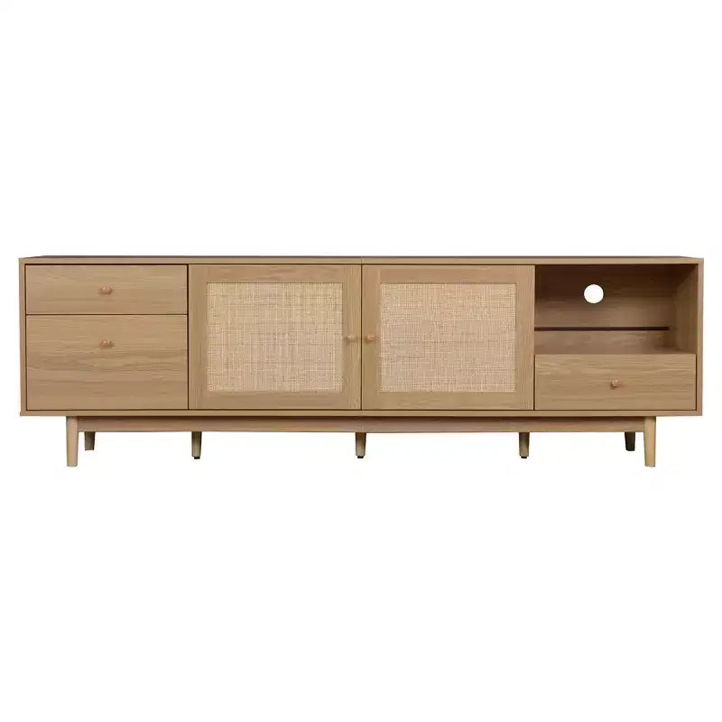 Meuble TV en rotin naturel, style moderne du milieu du siècle, 77 pouces, convient aux téléviseurs de 65 pouces et plus, centre de divertissement avec rangement ouvert et tiroirs