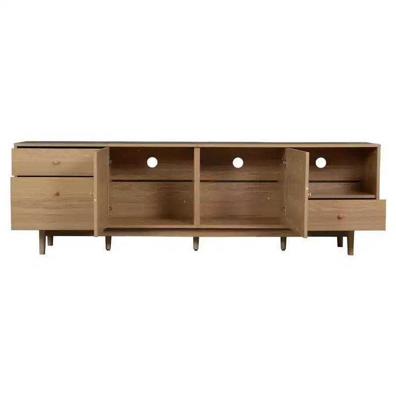 Meuble TV en rotin naturel, style moderne du milieu du siècle, 77 pouces, convient aux téléviseurs de 65 pouces et plus, centre de divertissement avec rangement ouvert et tiroirs