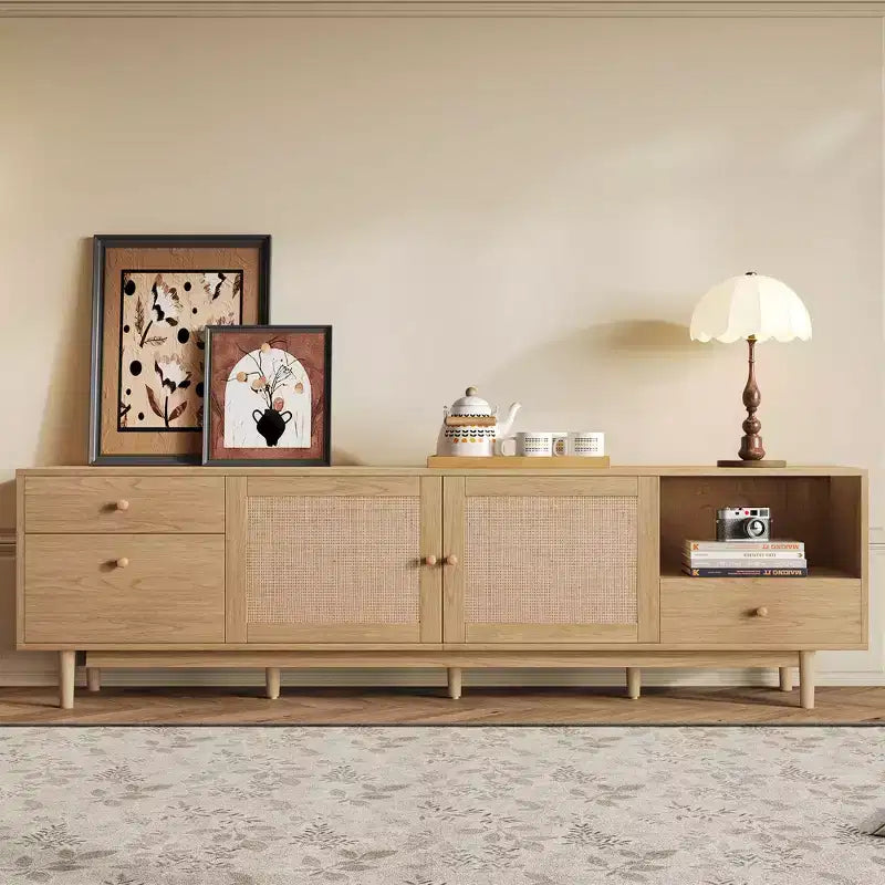 Meuble TV en rotin naturel, style moderne du milieu du siècle, 77 pouces, convient aux téléviseurs de 65 pouces et plus, centre de divertissement avec rangement ouvert et tiroirs