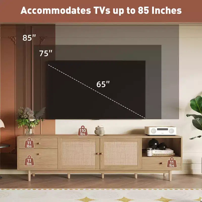 Meuble TV en rotin naturel, style moderne du milieu du siècle, 77 pouces, convient aux téléviseurs de 65 pouces et plus, centre de divertissement avec rangement ouvert et tiroirs