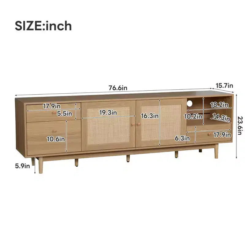 Meuble TV en rotin naturel, style moderne du milieu du siècle, 77 pouces, convient aux téléviseurs de 65 pouces et plus, centre de divertissement avec rangement ouvert et tiroirs