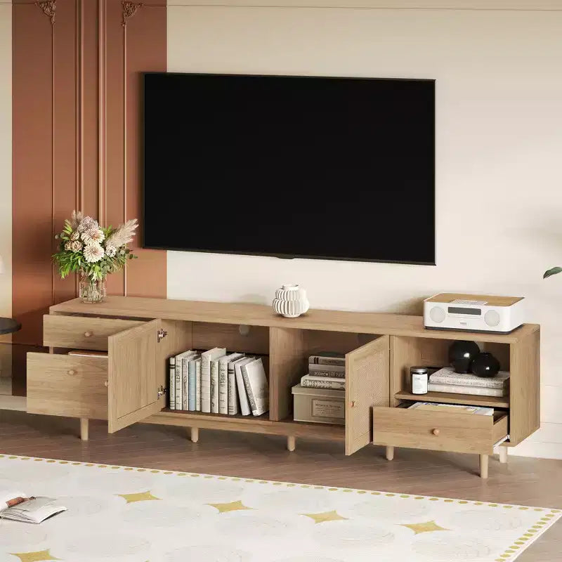 Meuble TV en rotin naturel, style moderne du milieu du siècle, 77 pouces, convient aux téléviseurs de 65 pouces et plus, centre de divertissement avec rangement ouvert et tiroirs