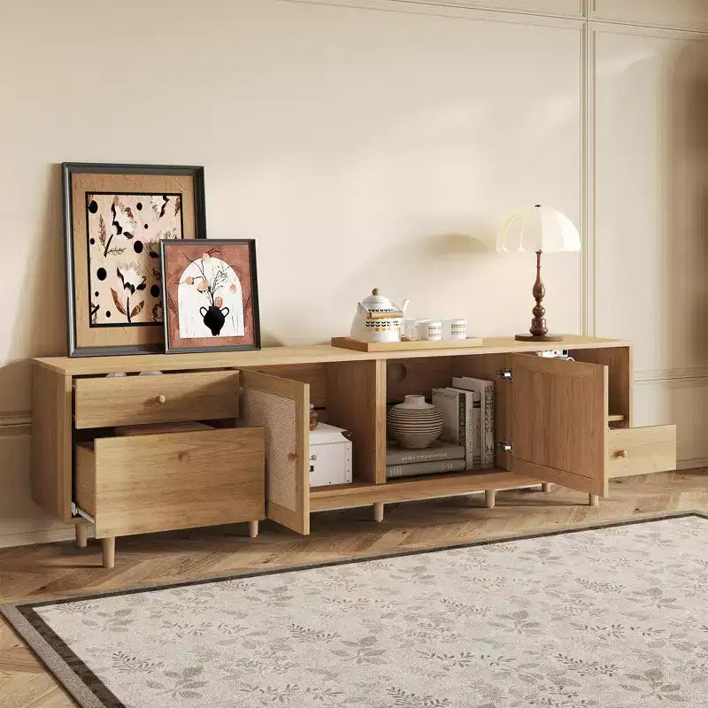 Meuble TV en rotin naturel, style moderne du milieu du siècle, 77 pouces, convient aux téléviseurs de 65 pouces et plus, centre de divertissement avec rangement ouvert et tiroirs