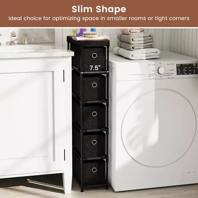 Commode étroite à 5 tiroirs avec kits anti-basculement et 5 tiroirs en tissu pour gain de place