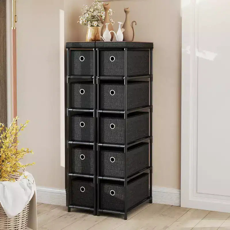 Commode étroite à 5 tiroirs avec kits anti-basculement et 5 tiroirs en tissu pour gain de place