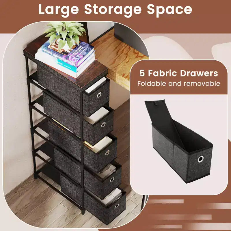 Commode étroite à 5 tiroirs avec kits anti-basculement et 5 tiroirs en tissu pour gain de place