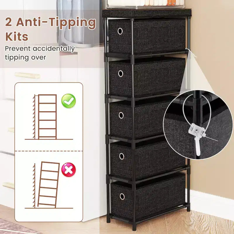 Commode étroite à 5 tiroirs avec kits anti-basculement et 5 tiroirs en tissu pour gain de place