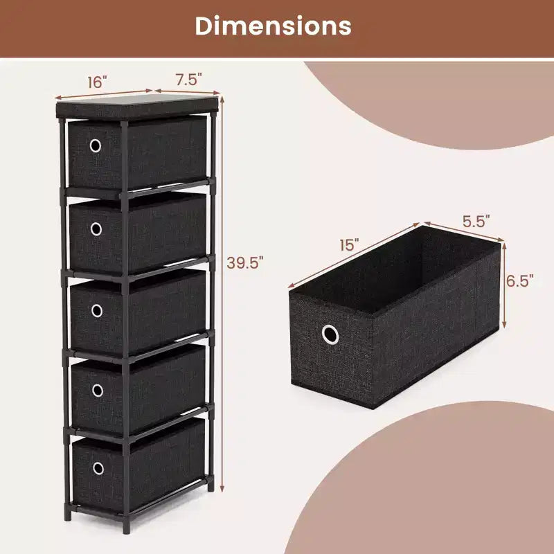 Commode étroite à 5 tiroirs avec kits anti-basculement et 5 tiroirs en tissu pour gain de place