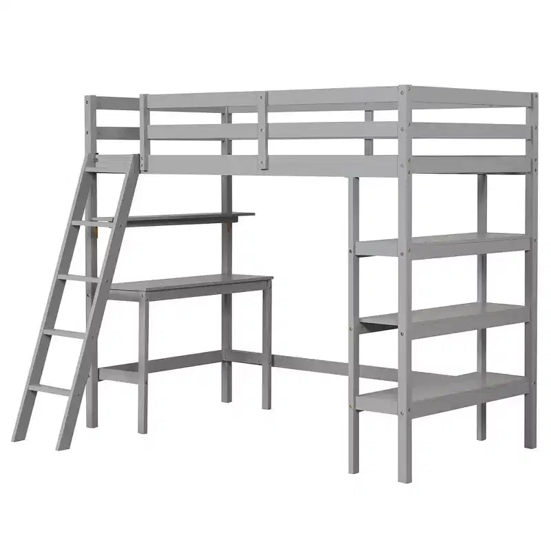 Lit mezzanine double en bois massif avec bureau et étagères, échelle et garde-corps