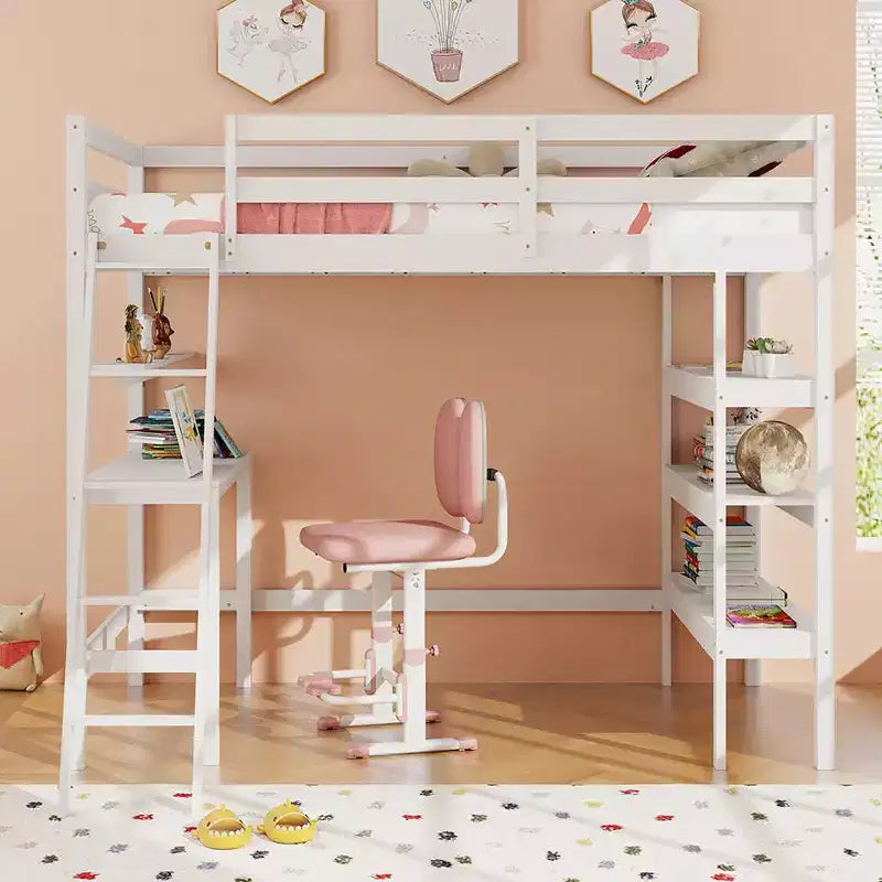 Lit mezzanine double en bois massif avec bureau et étagères, échelle et garde-corps