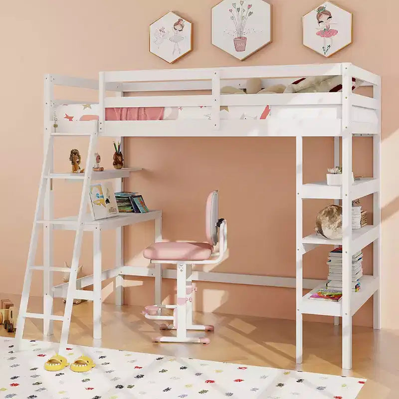Lit mezzanine double en bois massif avec bureau et étagères, échelle et garde-corps
