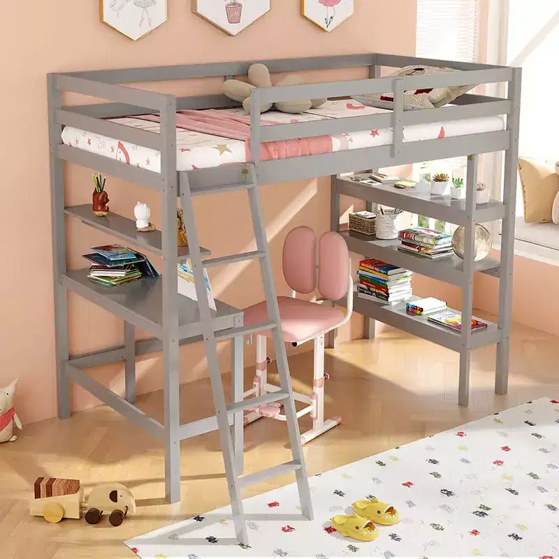 Lit mezzanine double en bois massif avec bureau et étagères, échelle et garde-corps