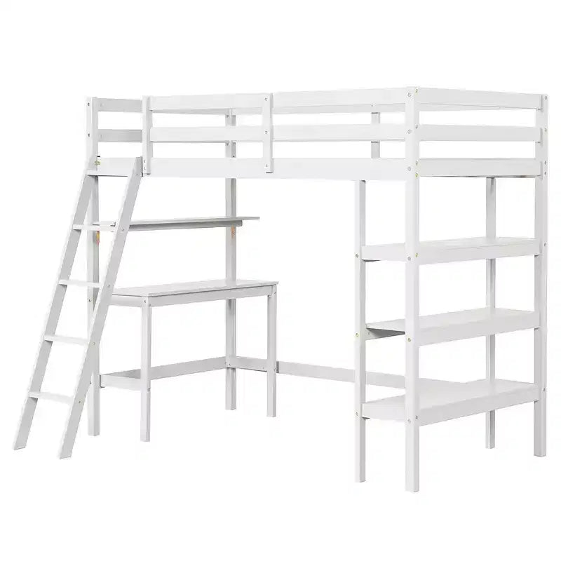 Lit mezzanine double en bois massif avec bureau et étagères, échelle et garde-corps