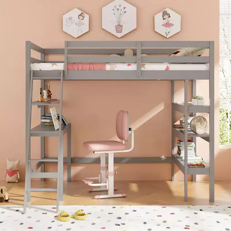 Lit mezzanine double en bois massif avec bureau et étagères, échelle et garde-corps
