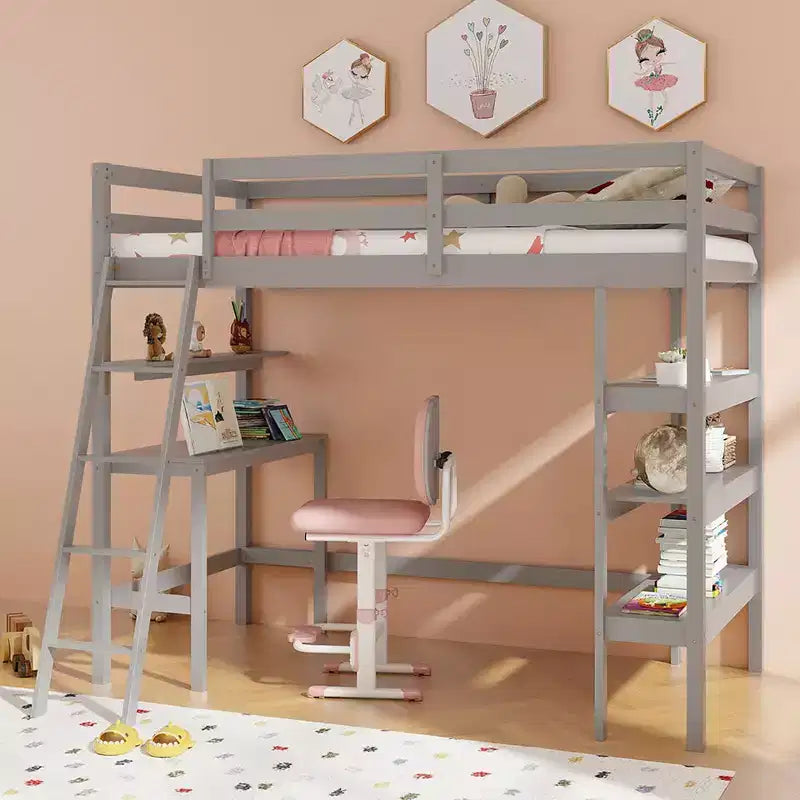 Lit mezzanine double en bois massif avec bureau et étagères, échelle et garde-corps
