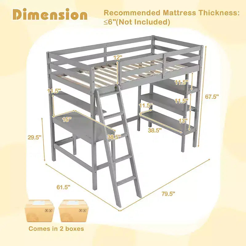 Lit mezzanine double en bois massif avec bureau et étagères, échelle et garde-corps