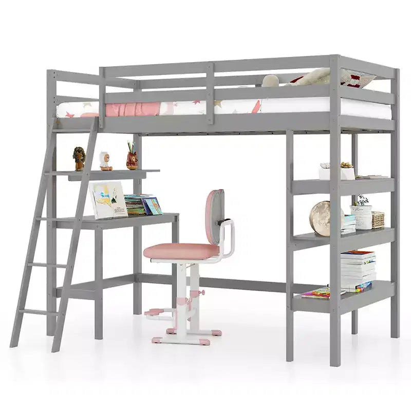 Costway Twin Size Solid Wood Loft Bed w/ Desk & Bookshelves Ladder & Guardrails