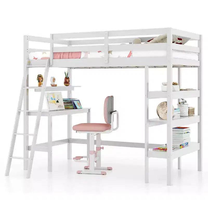 Lit mezzanine double en bois massif avec bureau et étagères, échelle et garde-corps