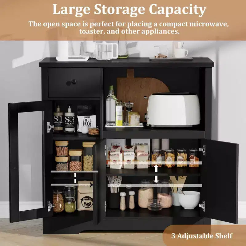 Bahut de rangement avec 3 portes, 1 tiroir et étagères réglables pour cuisine, salle à manger, salon et couloir, noir