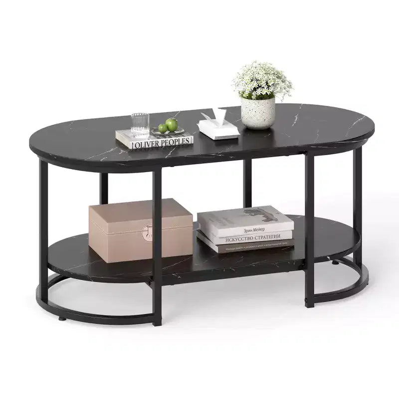Costway White Marble Coffee Table Modern 2-Tier Center Table with Open Storage Shelf Black Marble Pattern Black Marble Pattern/White & Gold