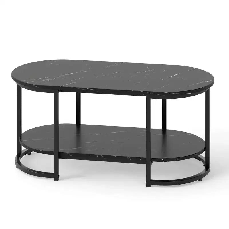 Table basse en marbre blanc moderne à 2 niveaux avec étagère de rangement ouverte motif marbre noir/blanc et or