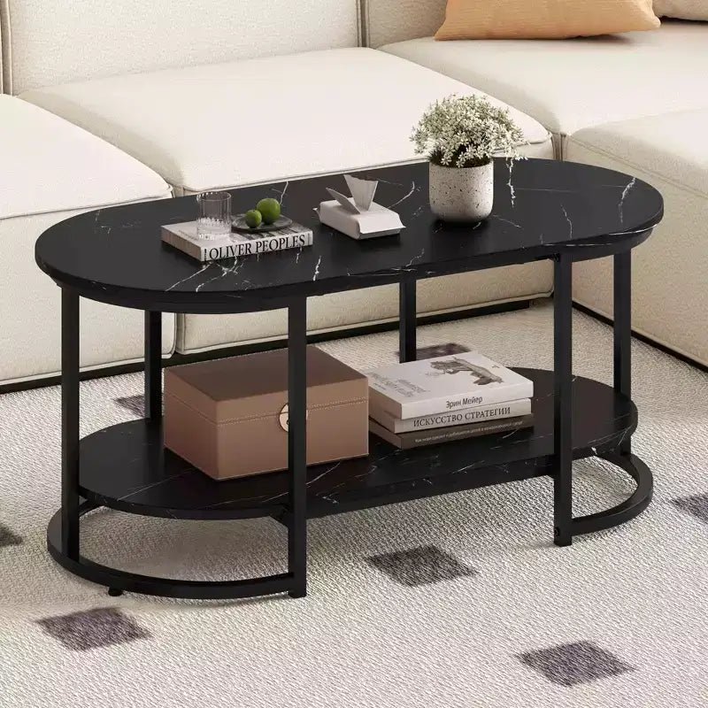 Table basse en marbre blanc moderne à 2 niveaux avec étagère de rangement ouverte motif marbre noir/blanc et or