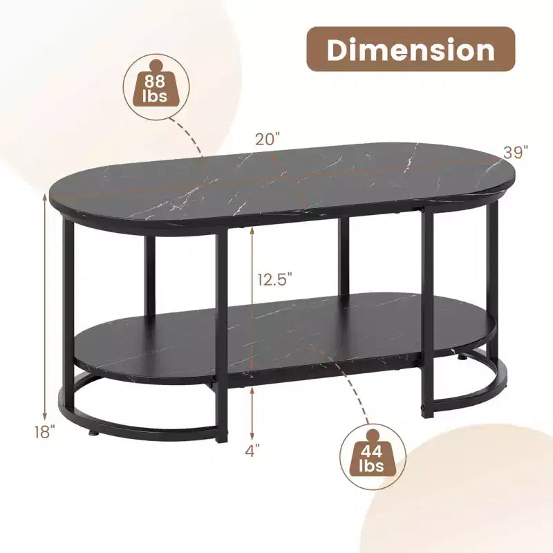 Table basse en marbre blanc moderne à 2 niveaux avec étagère de rangement ouverte motif marbre noir/blanc et or