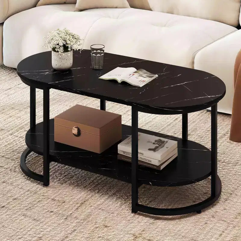 Table basse en marbre blanc moderne à 2 niveaux avec étagère de rangement ouverte motif marbre noir/blanc et or
