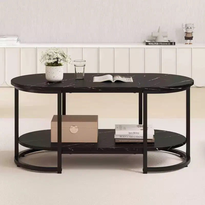 Table basse en marbre blanc moderne à 2 niveaux avec étagère de rangement ouverte motif marbre noir/blanc et or