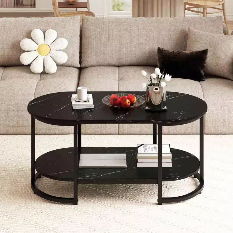 Table basse en marbre blanc moderne à 2 niveaux avec étagère de rangement ouverte motif marbre noir/blanc et or