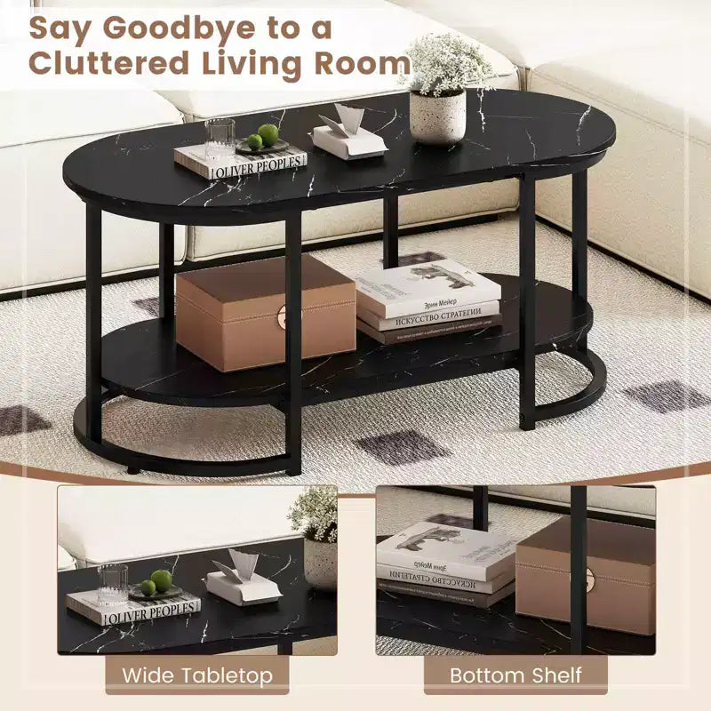 Table basse en marbre blanc moderne à 2 niveaux avec étagère de rangement ouverte motif marbre noir/blanc et or
