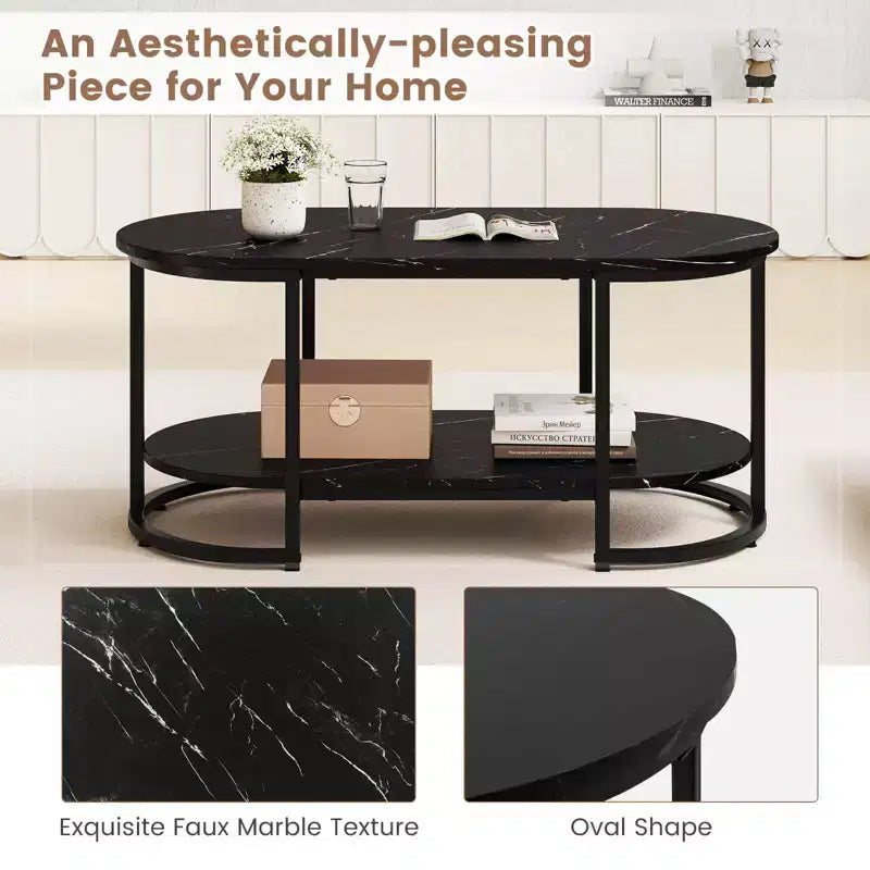 Table basse en marbre blanc moderne à 2 niveaux avec étagère de rangement ouverte motif marbre noir/blanc et or