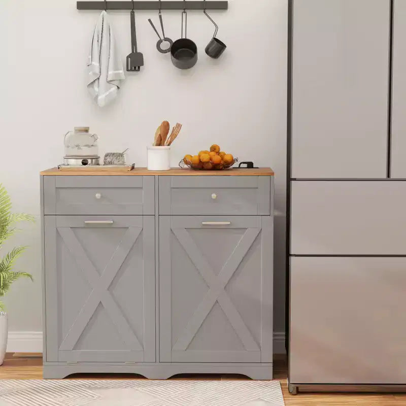 Meuble Poubelle Inclinable avec Prises 2 Tiroirs Étagère Réglable Kit Anti-Basculement