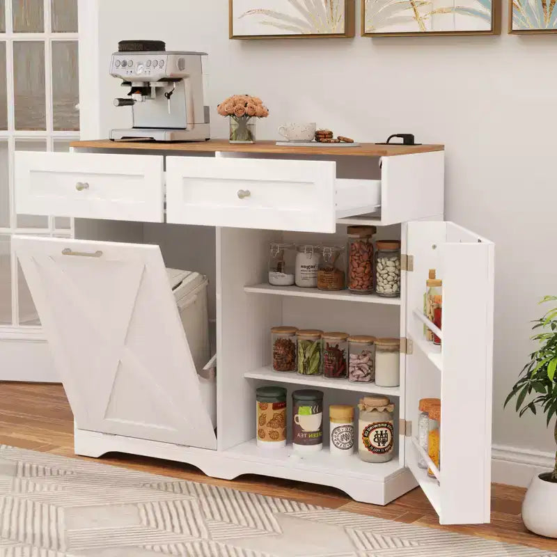 Meuble Poubelle Inclinable avec Prises 2 Tiroirs Étagère Réglable Kit Anti-Basculement