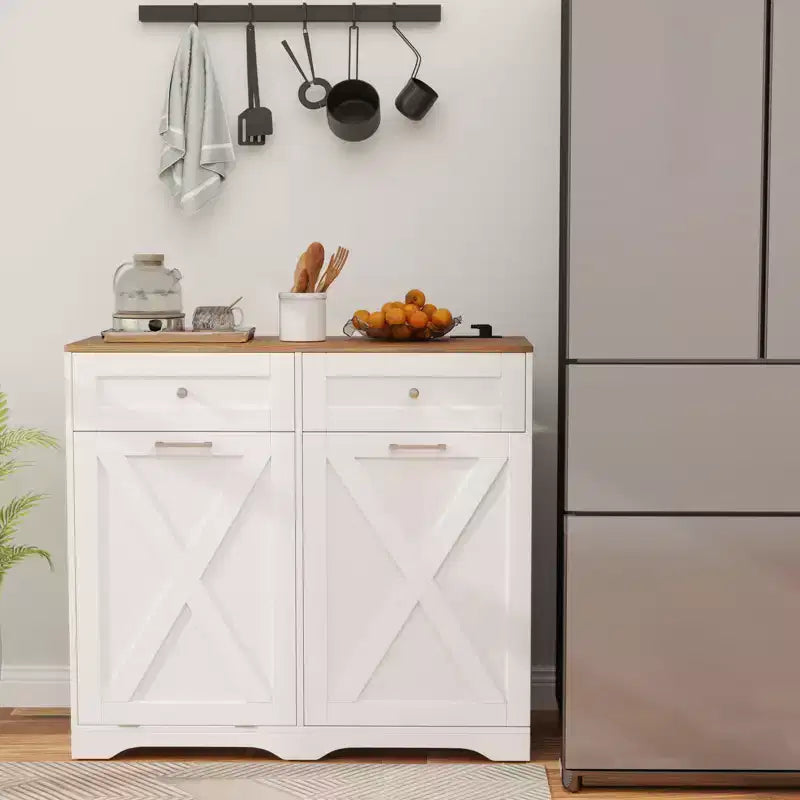 Meuble Poubelle Inclinable avec Prises 2 Tiroirs Étagère Réglable Kit Anti-Basculement