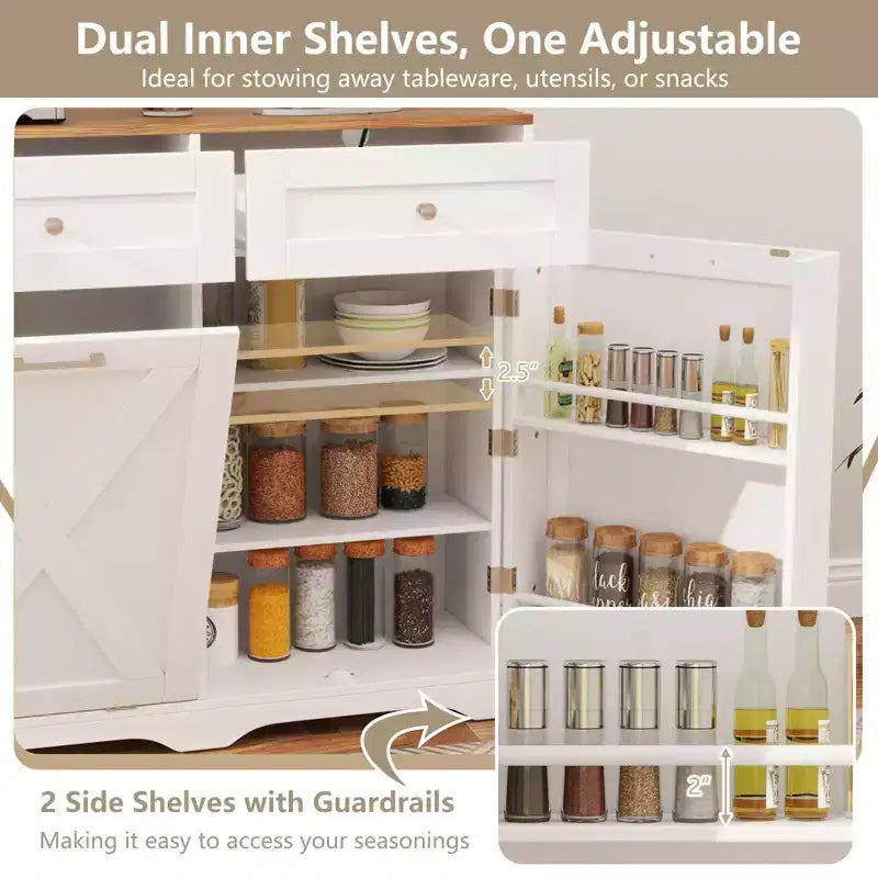 Meuble Poubelle Inclinable avec Prises 2 Tiroirs Étagère Réglable Kit Anti-Basculement
