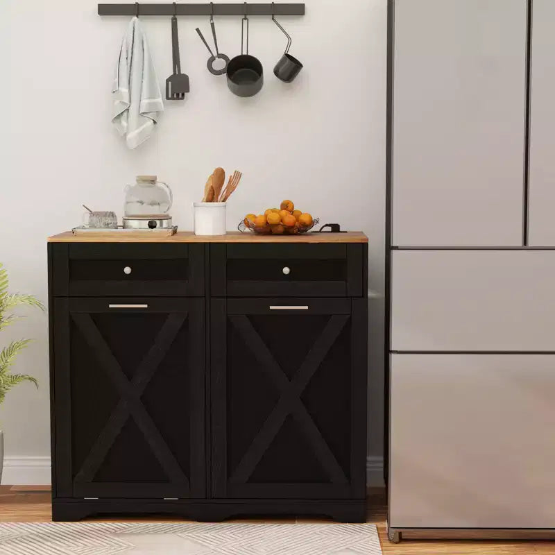 Meuble Poubelle Inclinable avec Prises 2 Tiroirs Étagère Réglable Kit Anti-Basculement