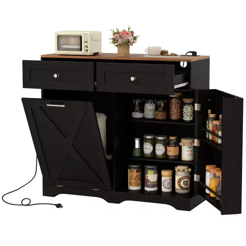 Costway Tilt Out Trash Can Cabinet w/ Outlets 2 Drawers Adjustable Shelf Anti-Tipping Kit