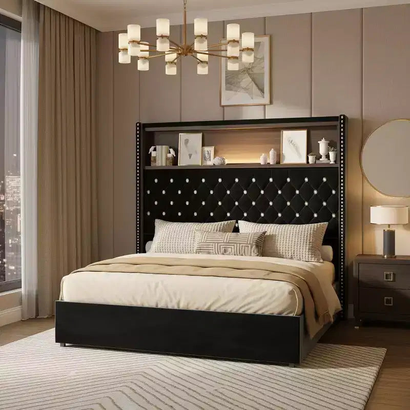 Cadre de lit en velours avec tête de lit capitonnée, étagères de rangement, ports USB et lumière LED