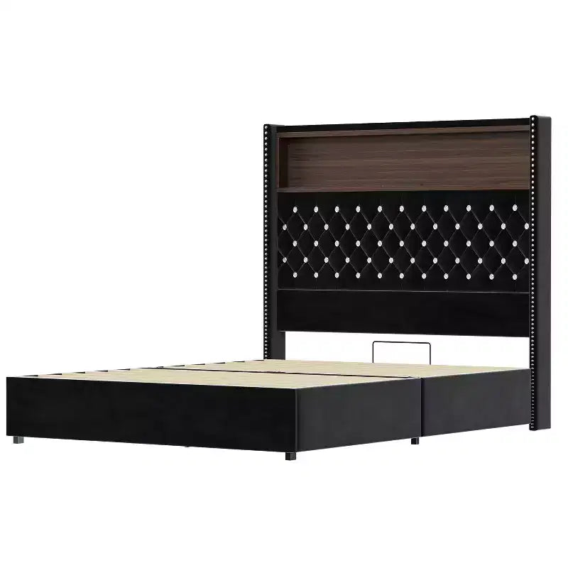 Cadre de lit en velours avec tête de lit capitonnée, étagères de rangement, ports USB et lumière LED