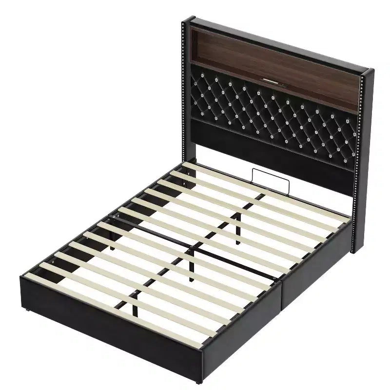 Cadre de lit en velours avec tête de lit capitonnée, étagères de rangement, ports USB et lumière LED