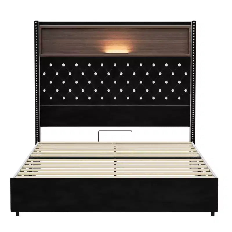 Cadre de lit en velours avec tête de lit capitonnée, étagères de rangement, ports USB et lumière LED