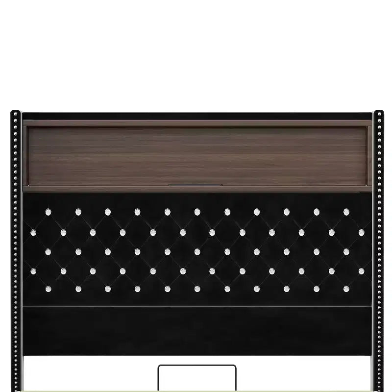 Cadre de lit en velours avec tête de lit capitonnée, étagères de rangement, ports USB et lumière LED