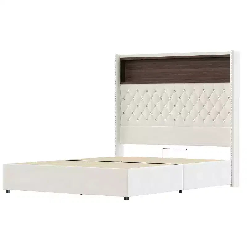 Cadre de lit en velours avec tête de lit capitonnée, étagères de rangement, ports USB et lumière LED